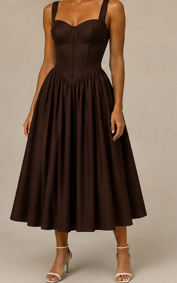 Vestido Cintura Vasca Marrón Cacao - vista frontal