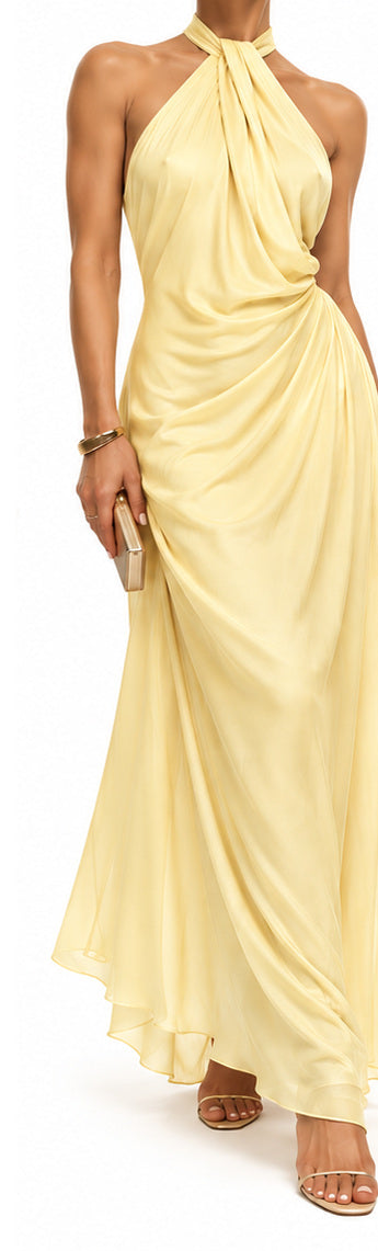 Vestido Maxi Halter Drapeado amarillo claro frontal