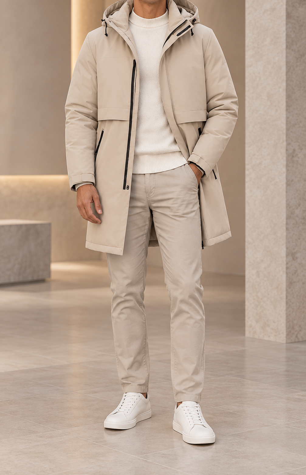 Abrigo acolchado con capucha beige frontal