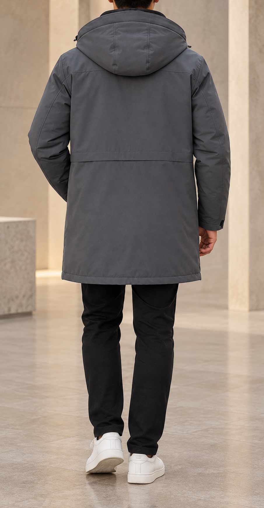 Abrigo acolchado con capucha gris trasera