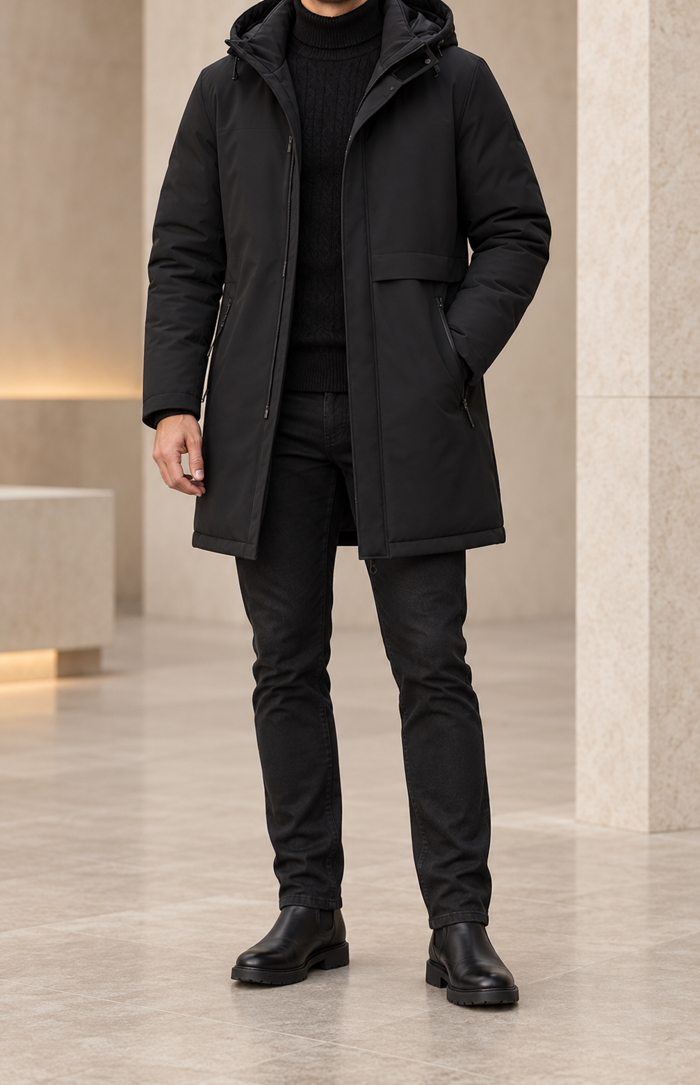 Abrigo acolchado con capucha negro frontal