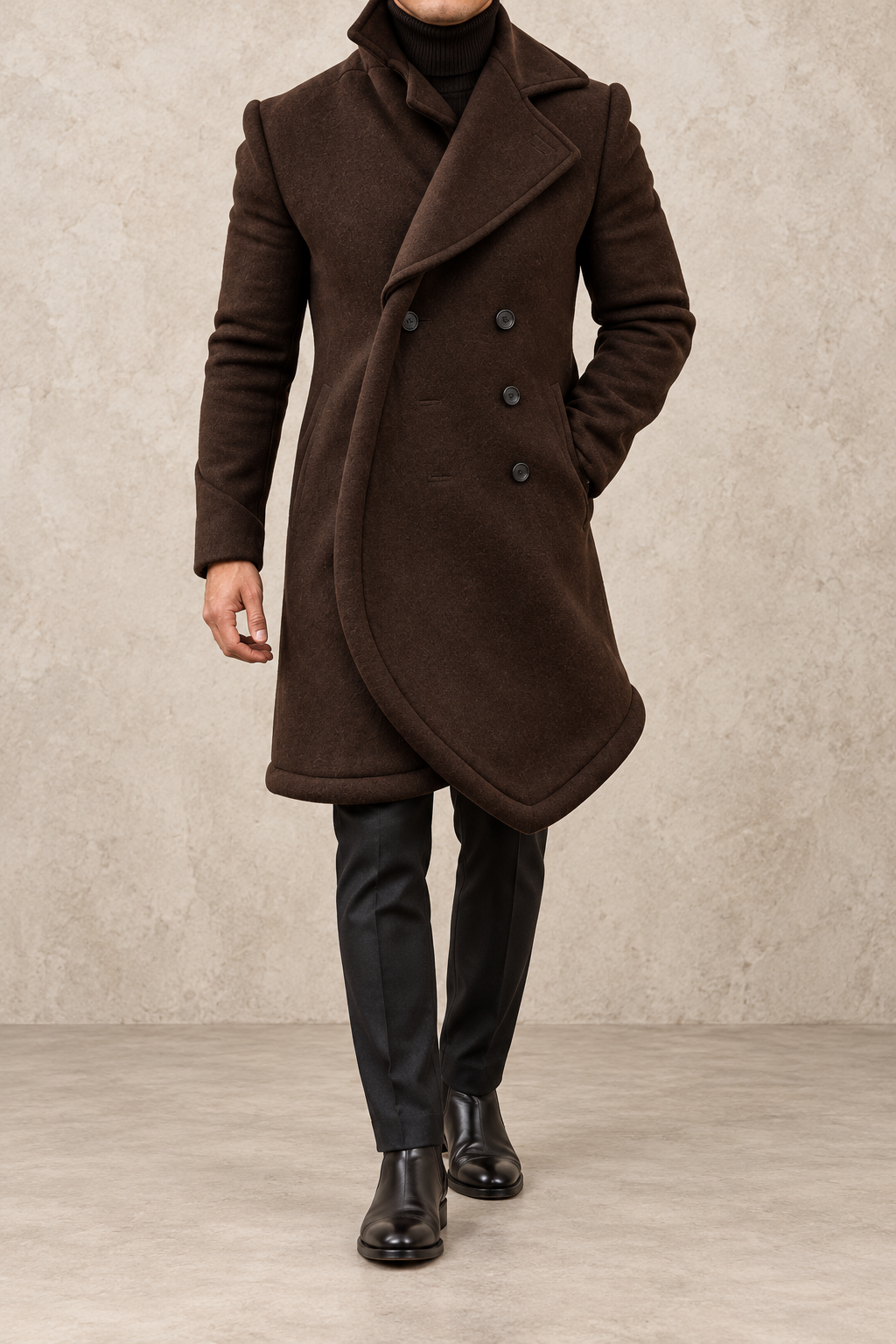 Abrigo cruzado elegante de hombre marrón chocolate, vista frontal