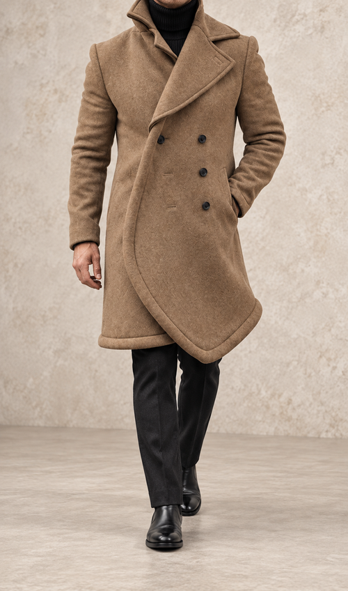 Abrigo cruzado elegante de hombre marrón desierto, vista frontal