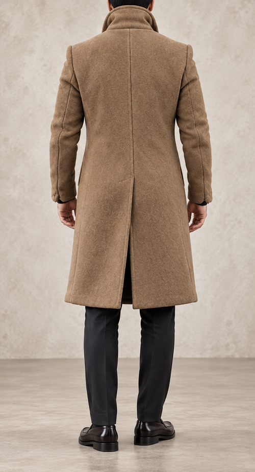 Abrigo cruzado elegante de hombre marrón desierto, vista trasera