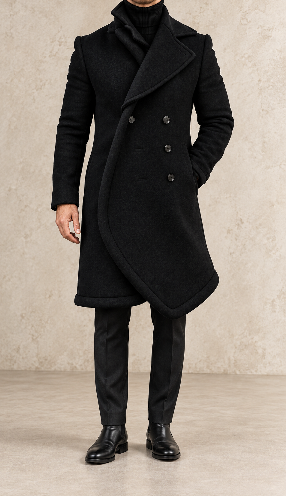 Abrigo cruzado elegante de hombre negro, vista frontal