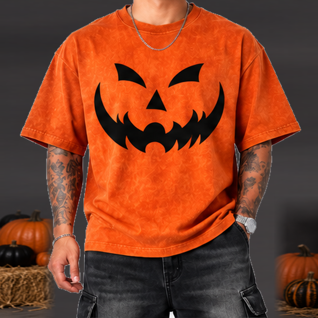 Camiseta Calabaza Halloween Hombre Naranja oscuro gastado frontal