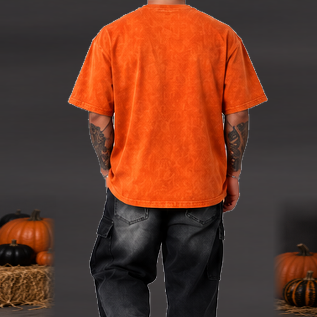 Camiseta Calabaza Halloween Hombre Naranja oscuro gastado trasera