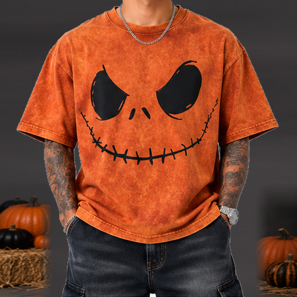 Camiseta Calavera Halloween Hombre Naranja oscuro gastado frontal