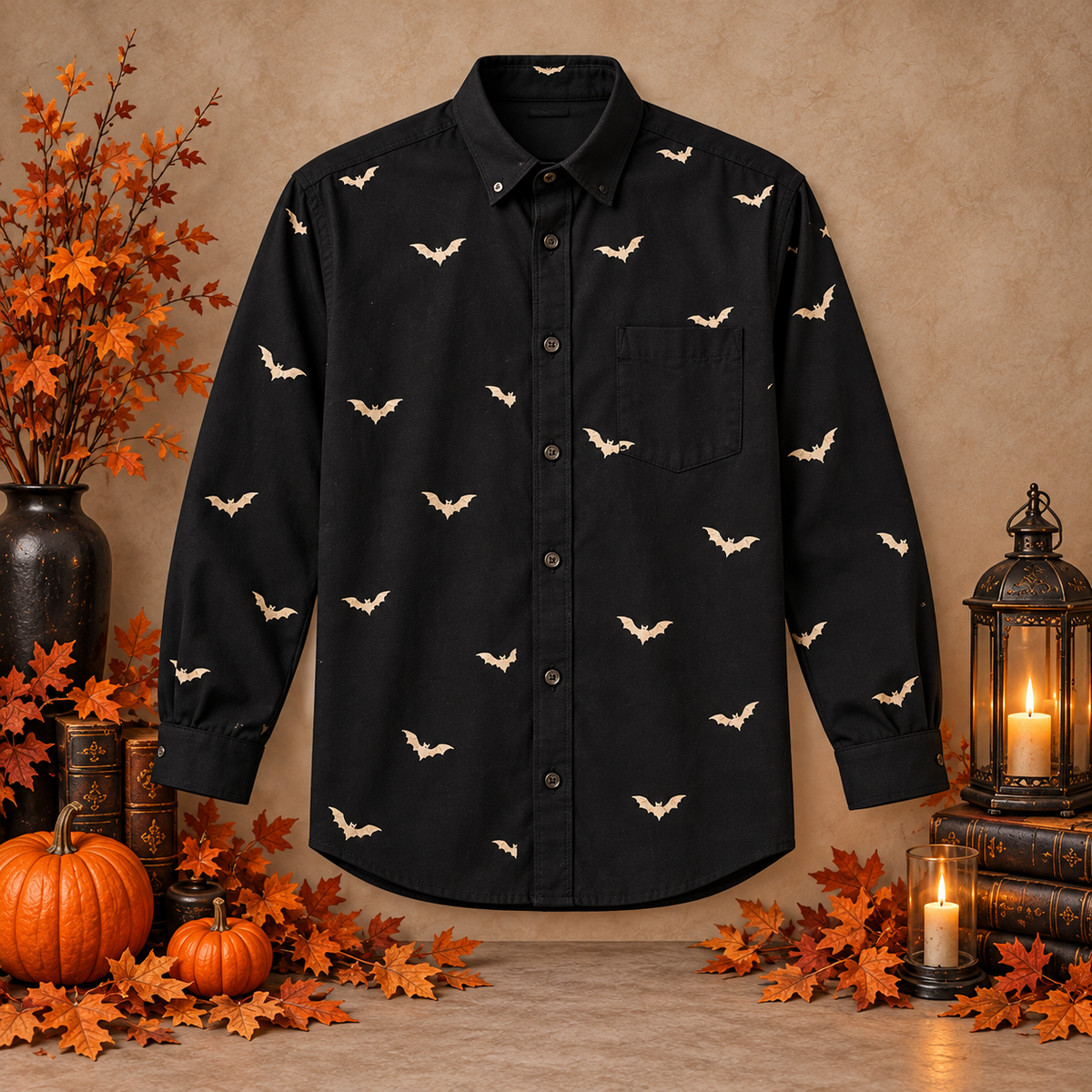 Camisa negra de murciélagos Halloween, frontal