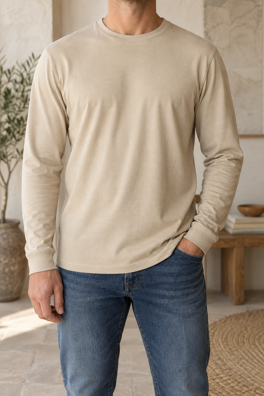 Camiseta beige desierto de manga larga, vista frontal