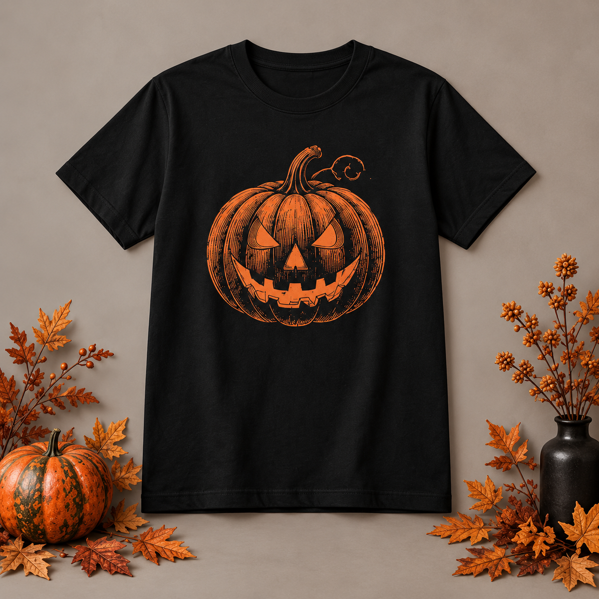 Camiseta negra de calabaza Halloween, frontal