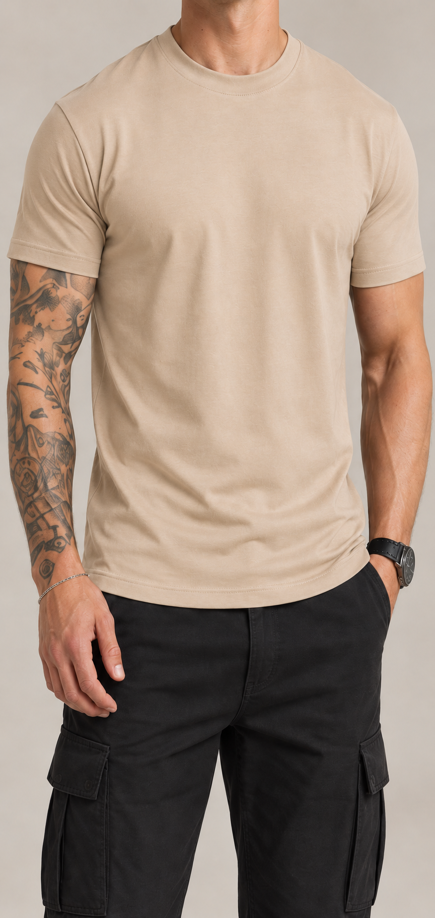 Camiseta básica de hombre color beige desierto, vista frontal