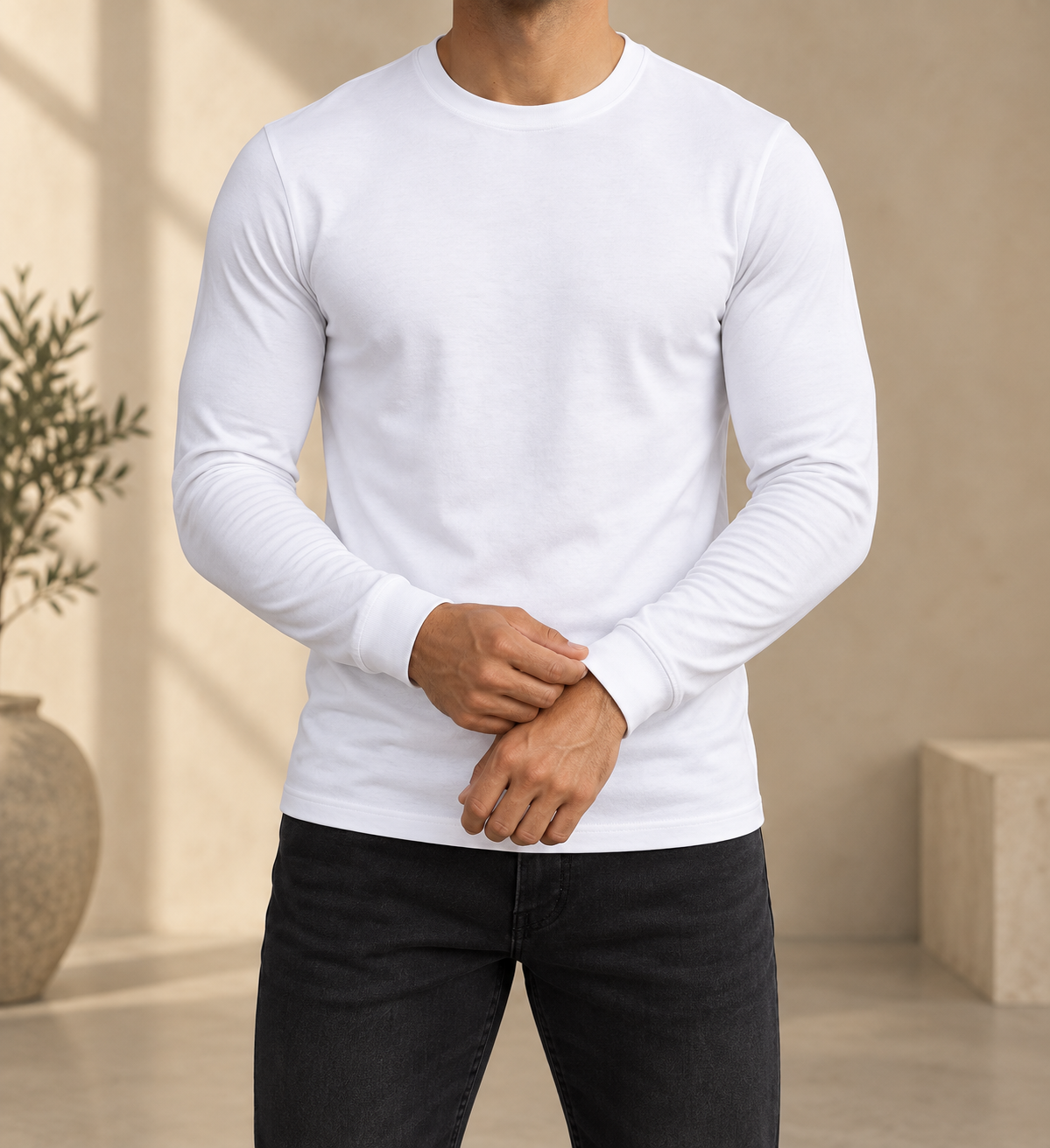 Camiseta de manga larga de hombre blanca, vista frontal