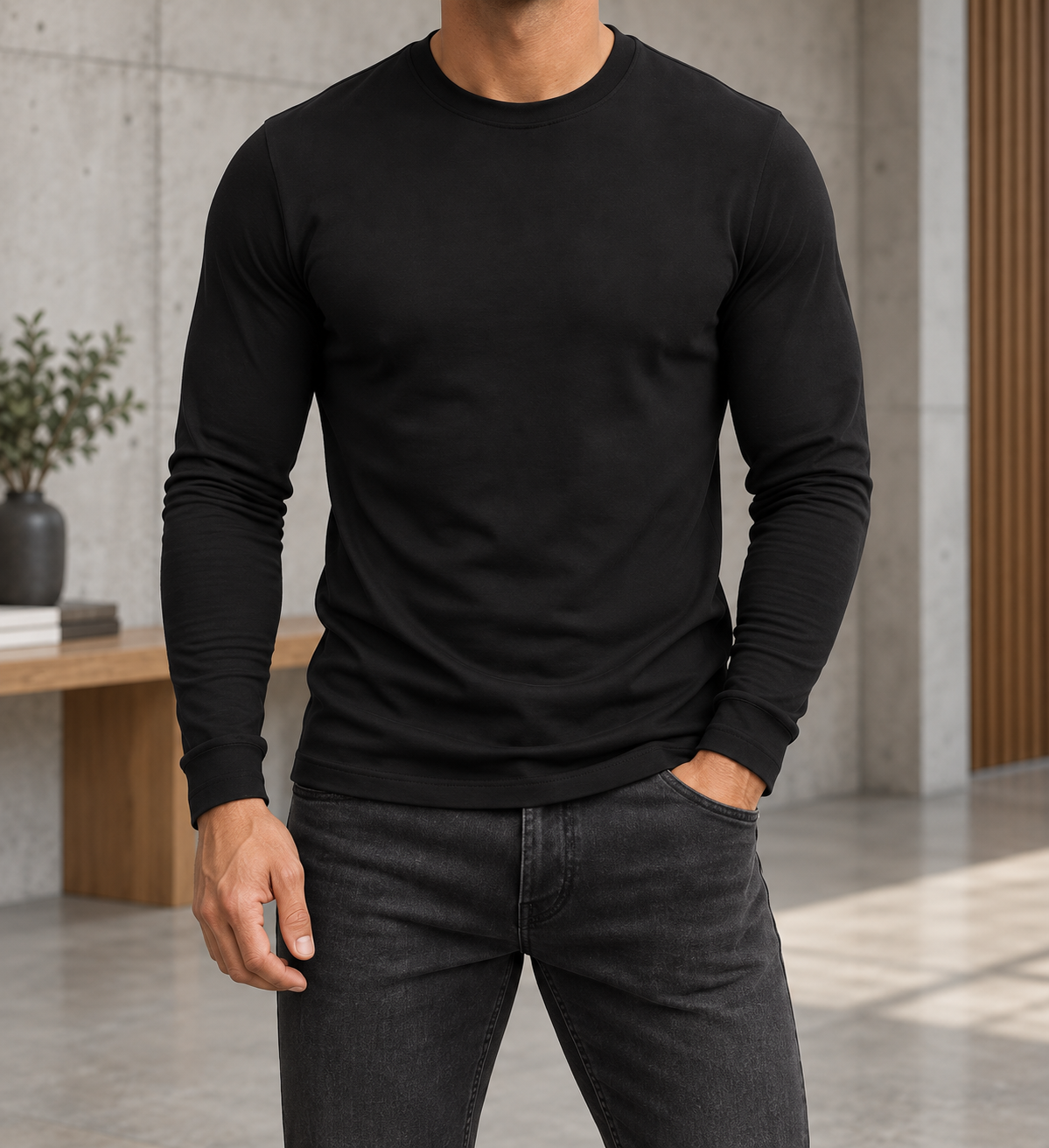 Camiseta de manga larga de hombre negra, vista frontal