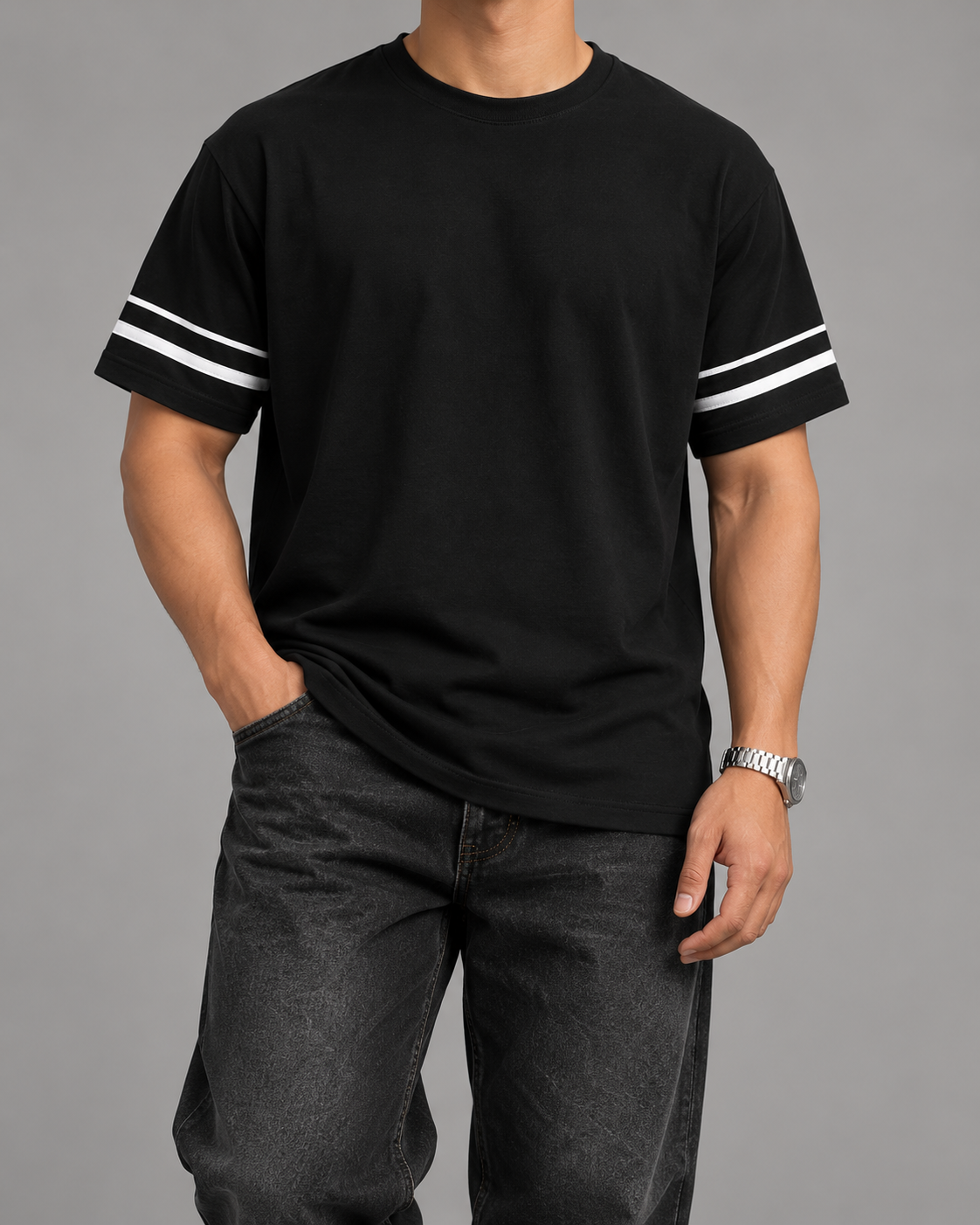 Camiseta Casual Rayas en Mangas Hombre negro - vista frontal