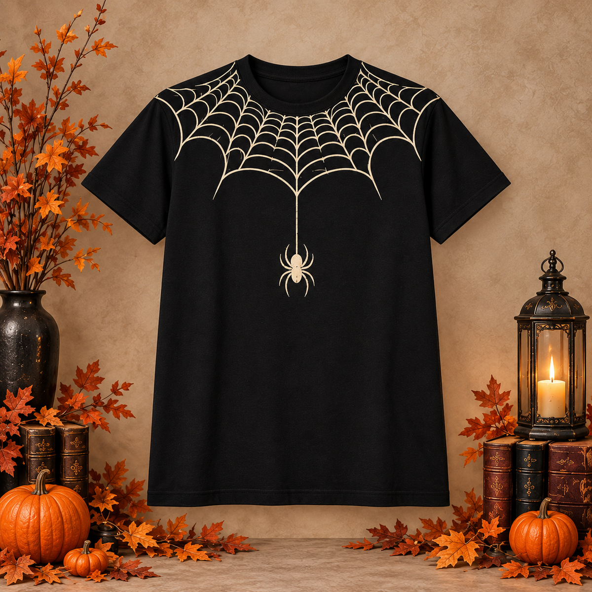 Camiseta negra de telaraña Halloween, frontal