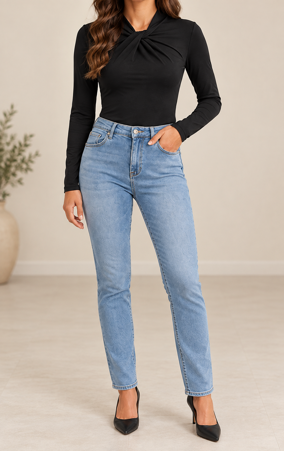 Camiseta Twist Cuello Mujer negra, vista frontal