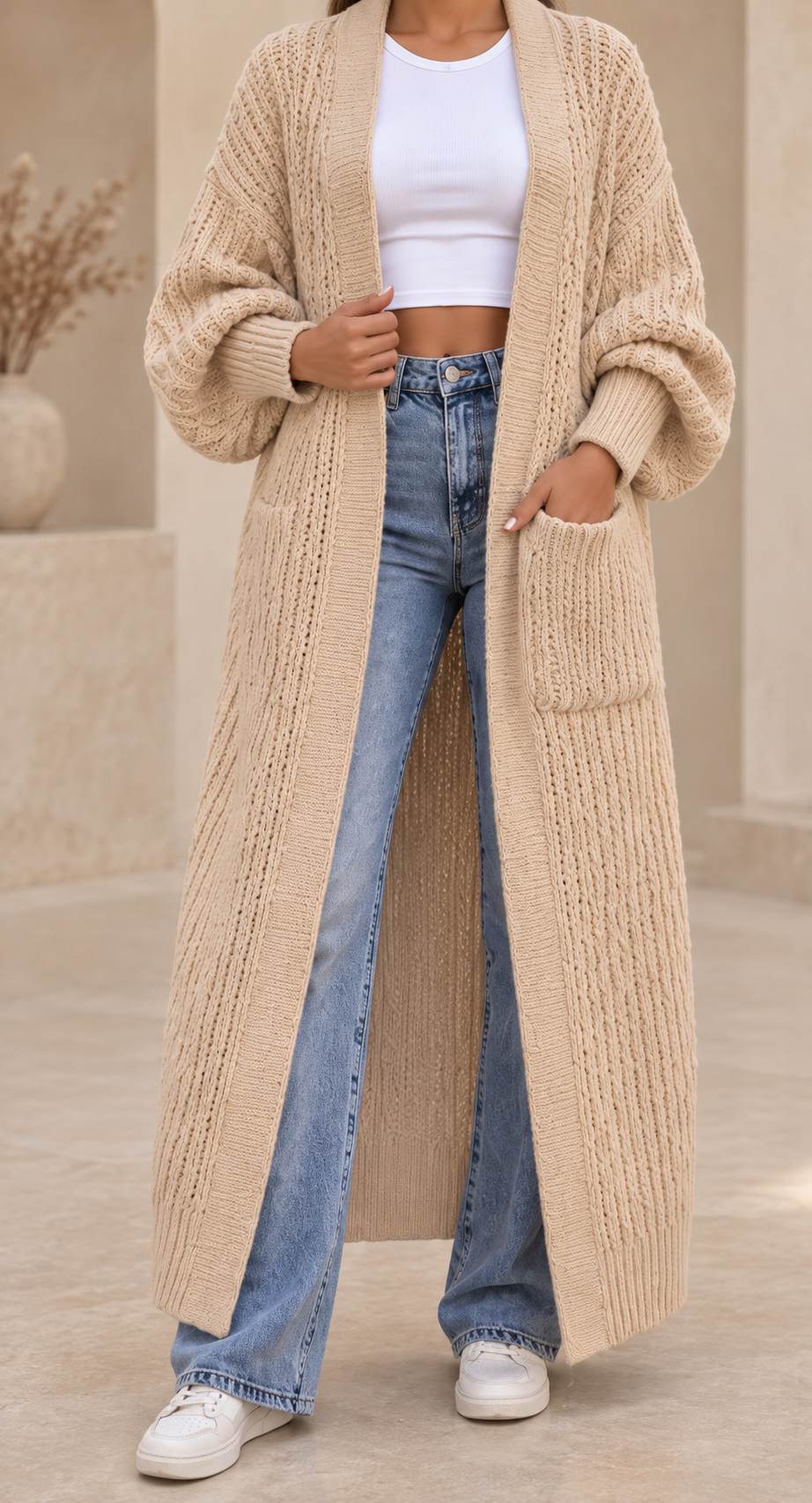 Cárdigan largo beige frontal