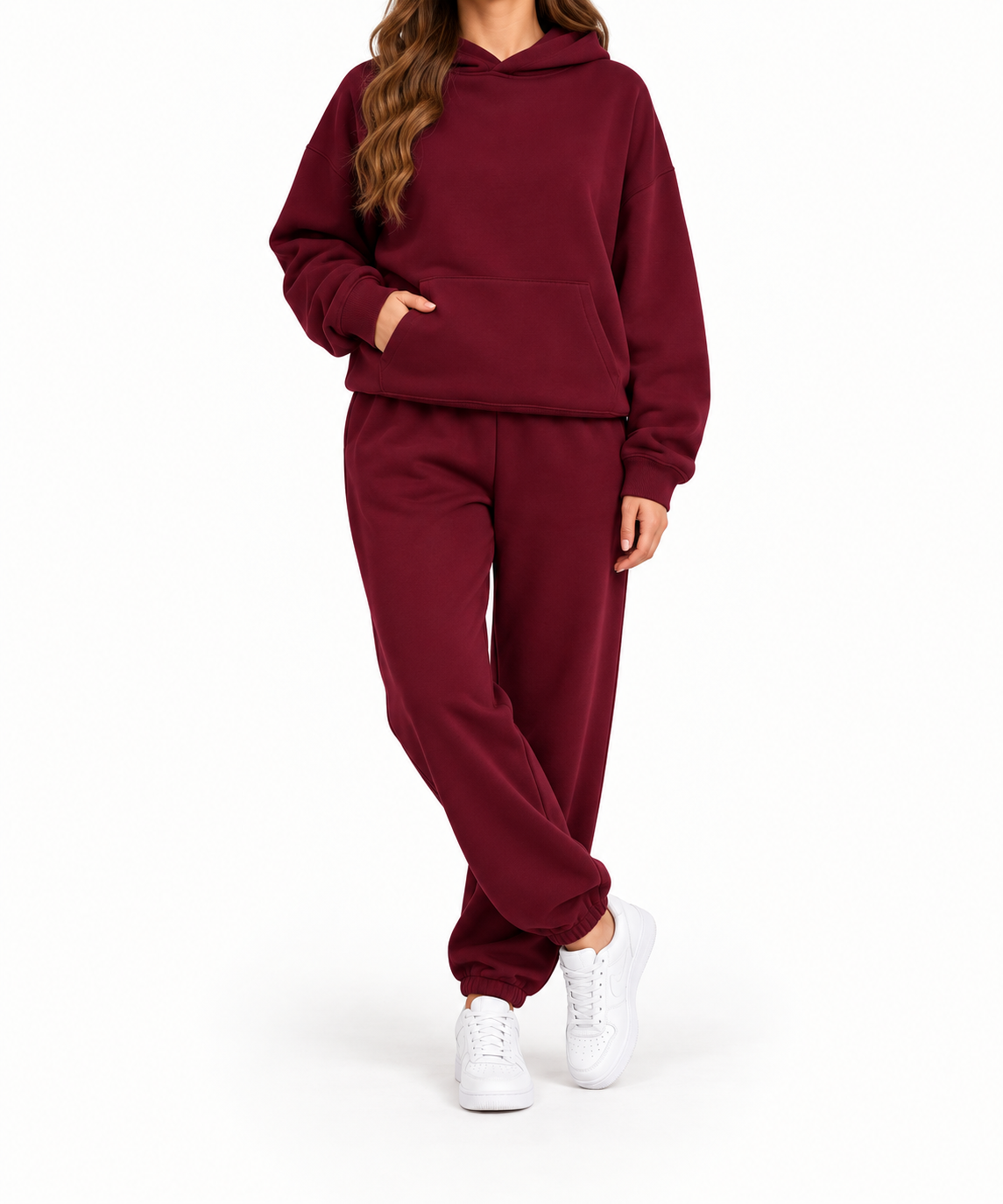 Conjunto chándal mujer con capucha burdeos, vista frontal