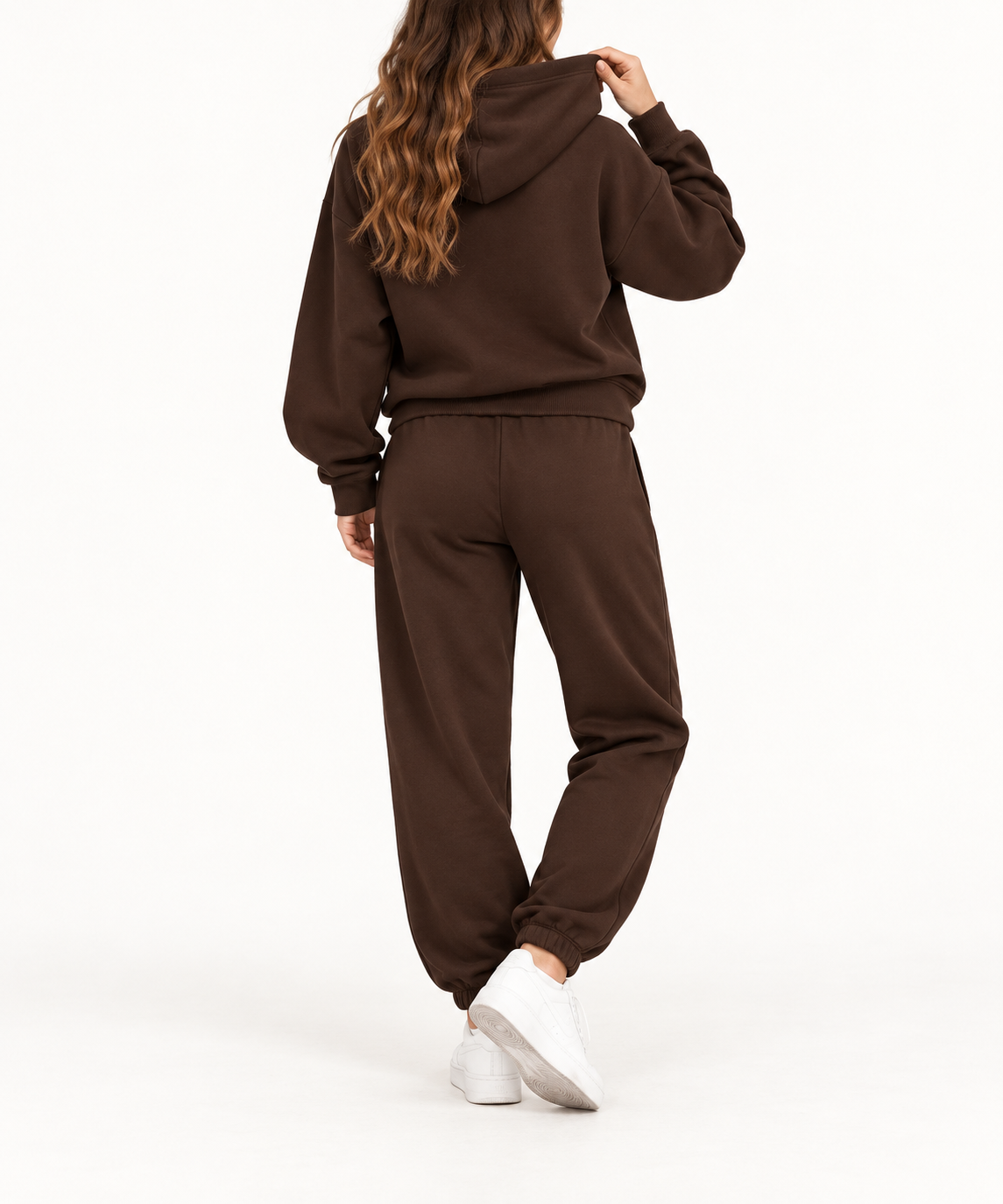 Conjunto chándal mujer con capucha marrón chocolate, vista trasera