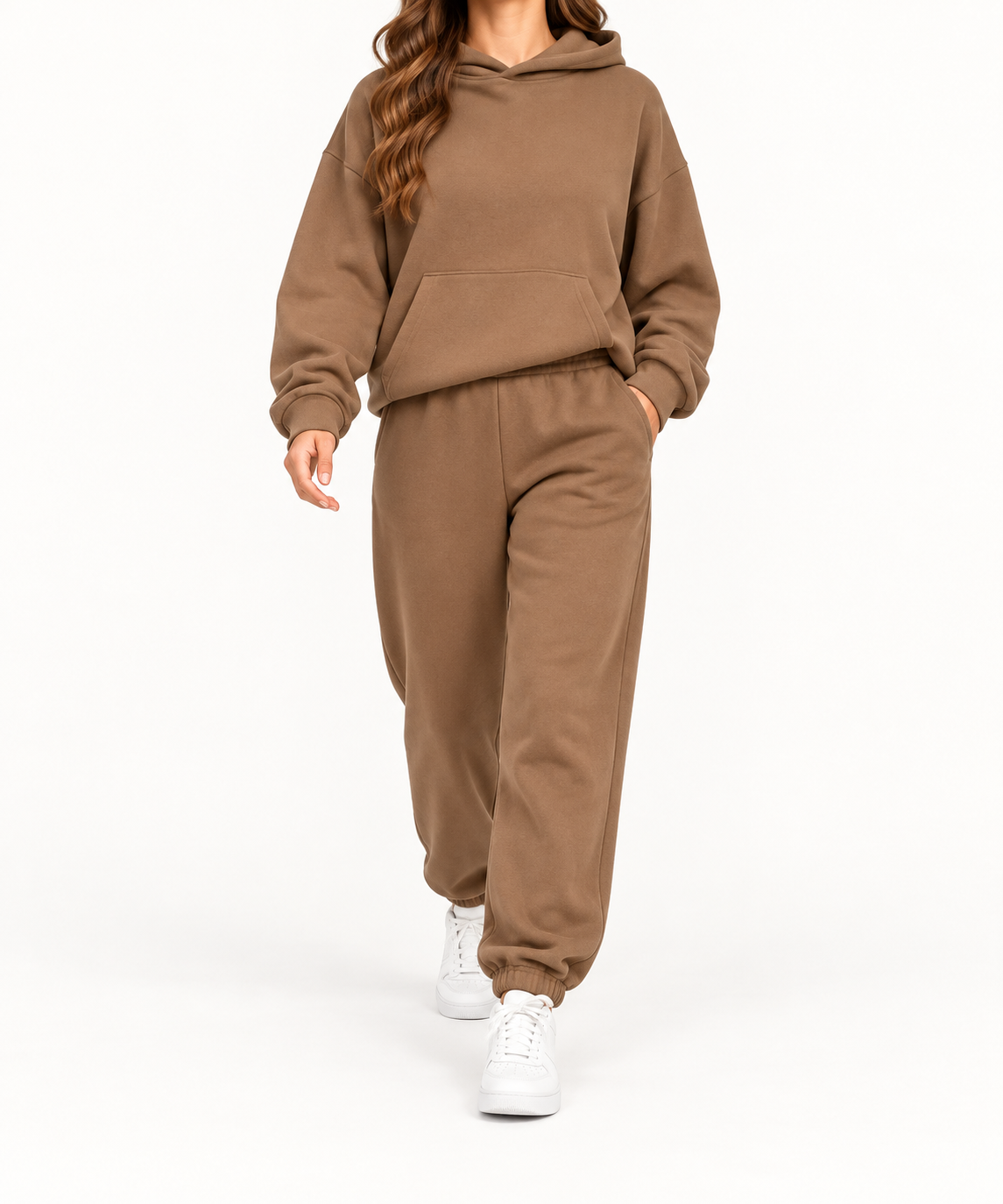 Conjunto chándal mujer con capucha marrón desierto, vista frontal