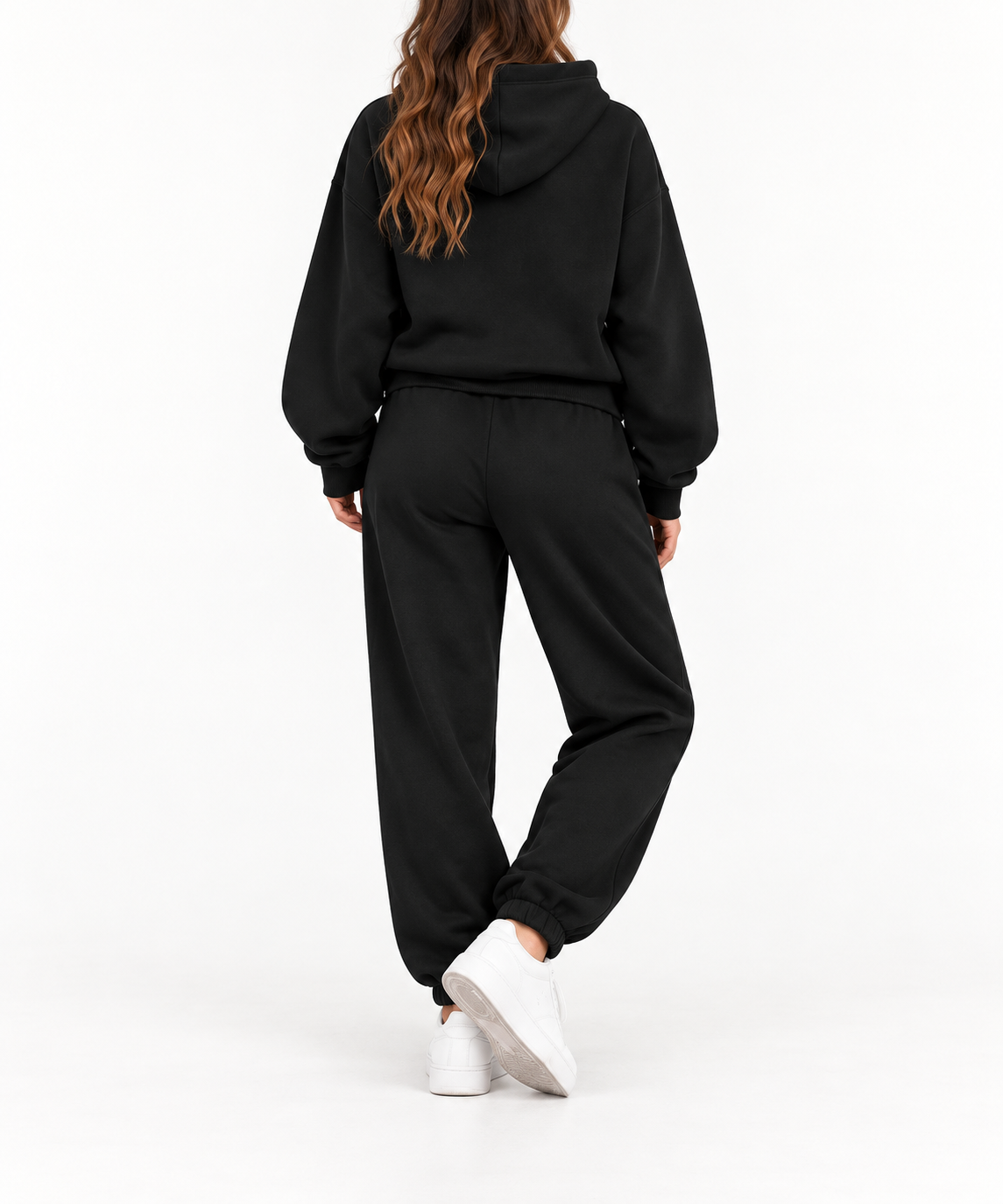 Conjunto chándal mujer con capucha negro, vista trasera
