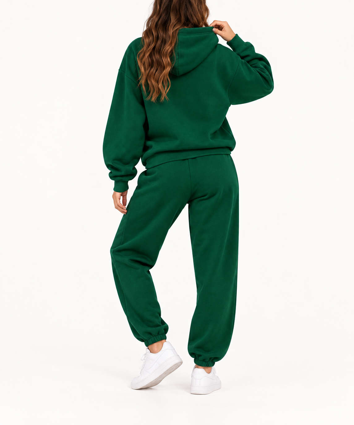 Conjunto chándal mujer con capucha verde esmeralda, vista trasera