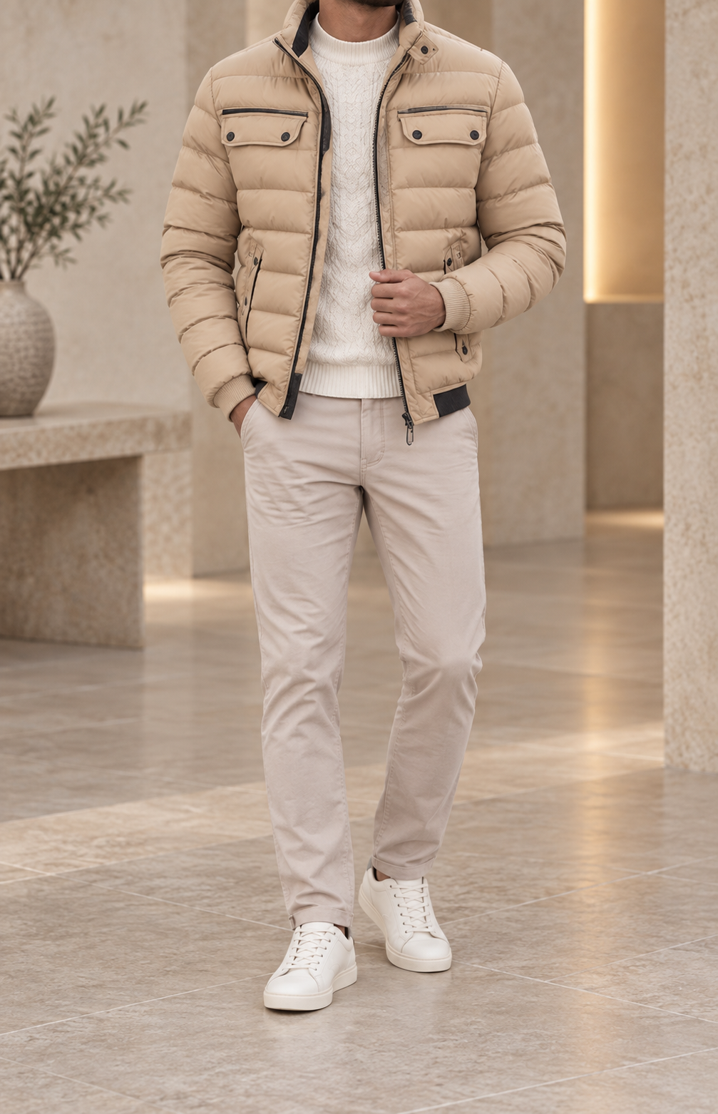 Chaqueta acolchada de hombre beige frontal