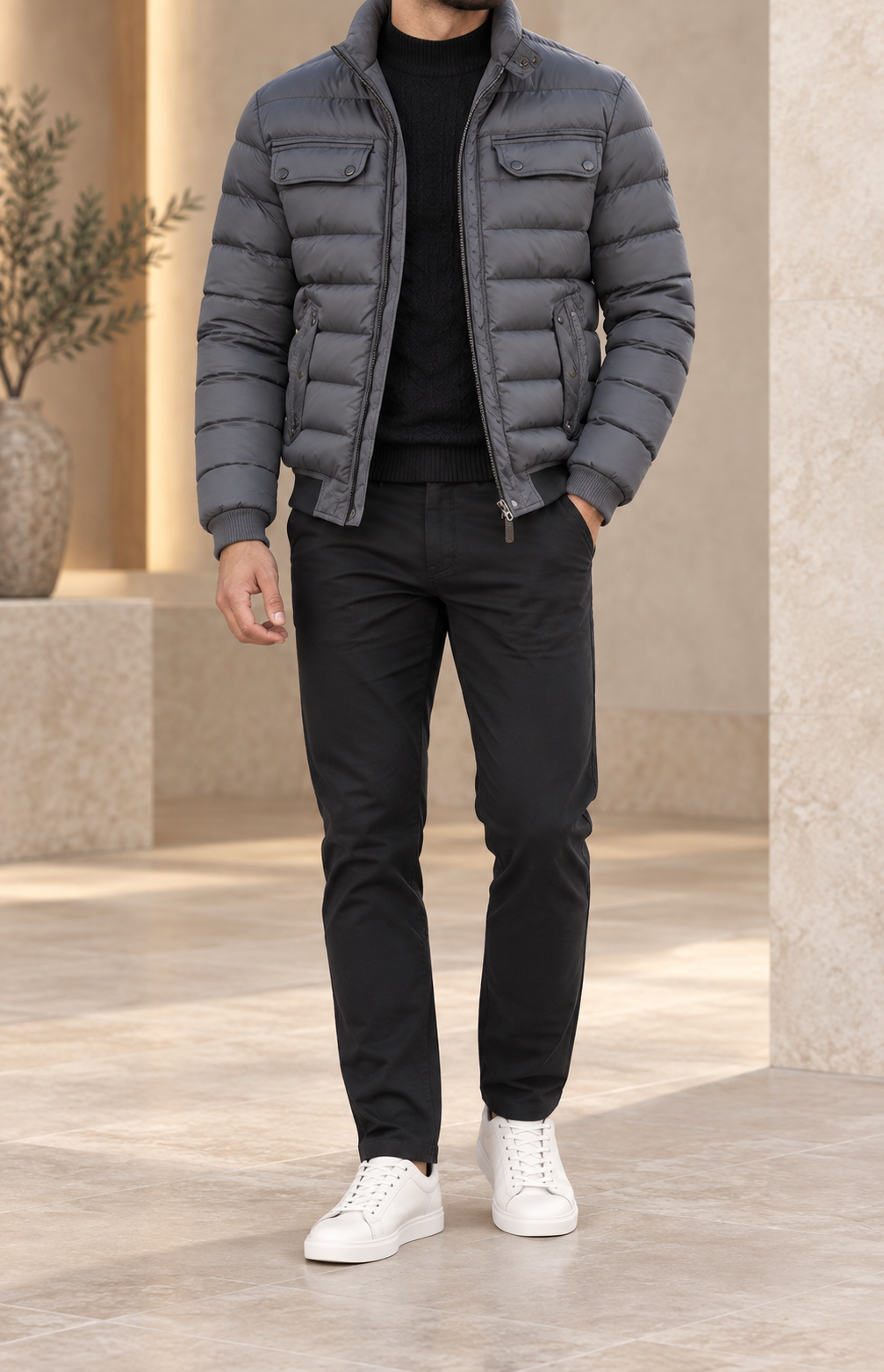 Chaqueta acolchada de hombre gris frontal