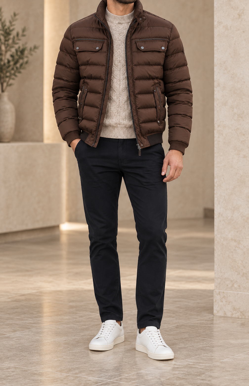 Chaqueta acolchada de hombre marrón chocolate frontal