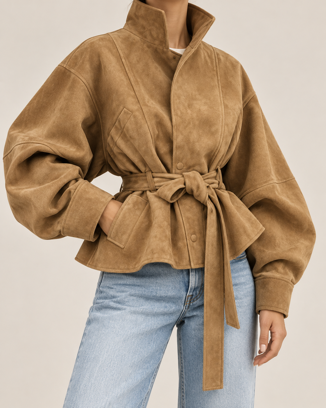 Chaqueta peplum efecto ante camel - frontal