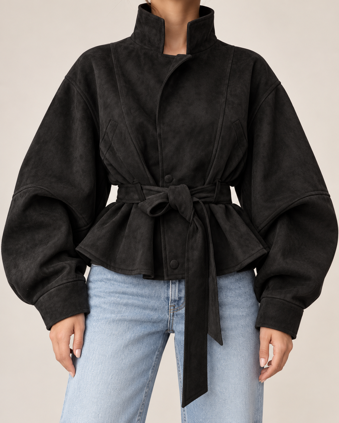 Chaqueta peplum efecto ante negra - frontal