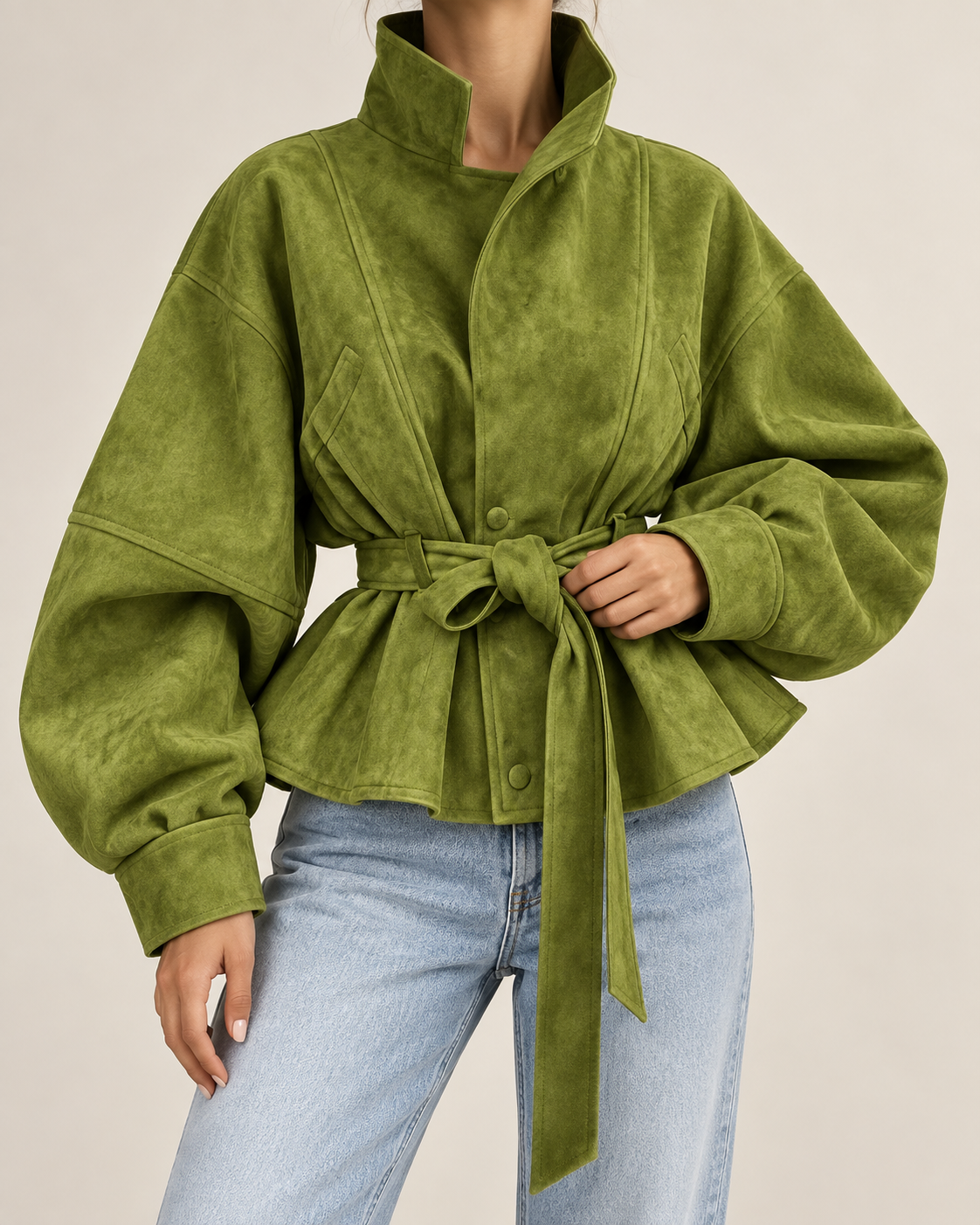 Chaqueta peplum efecto ante verde oliva - frontal