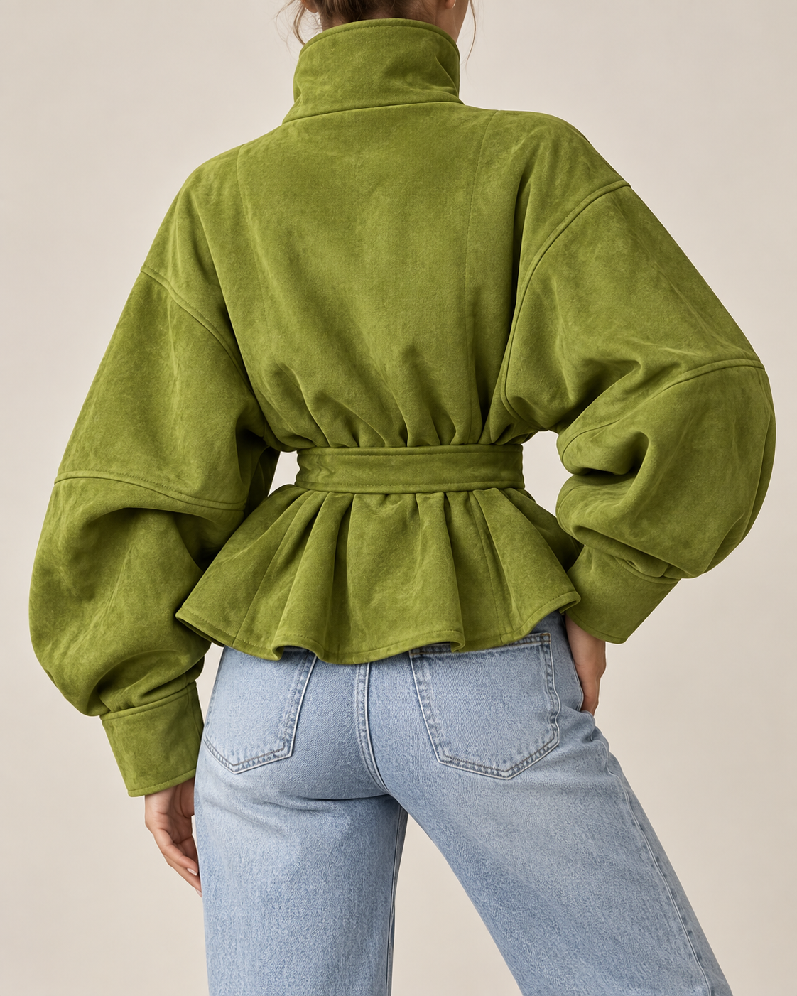 Chaqueta peplum efecto ante verde oliva - trasera