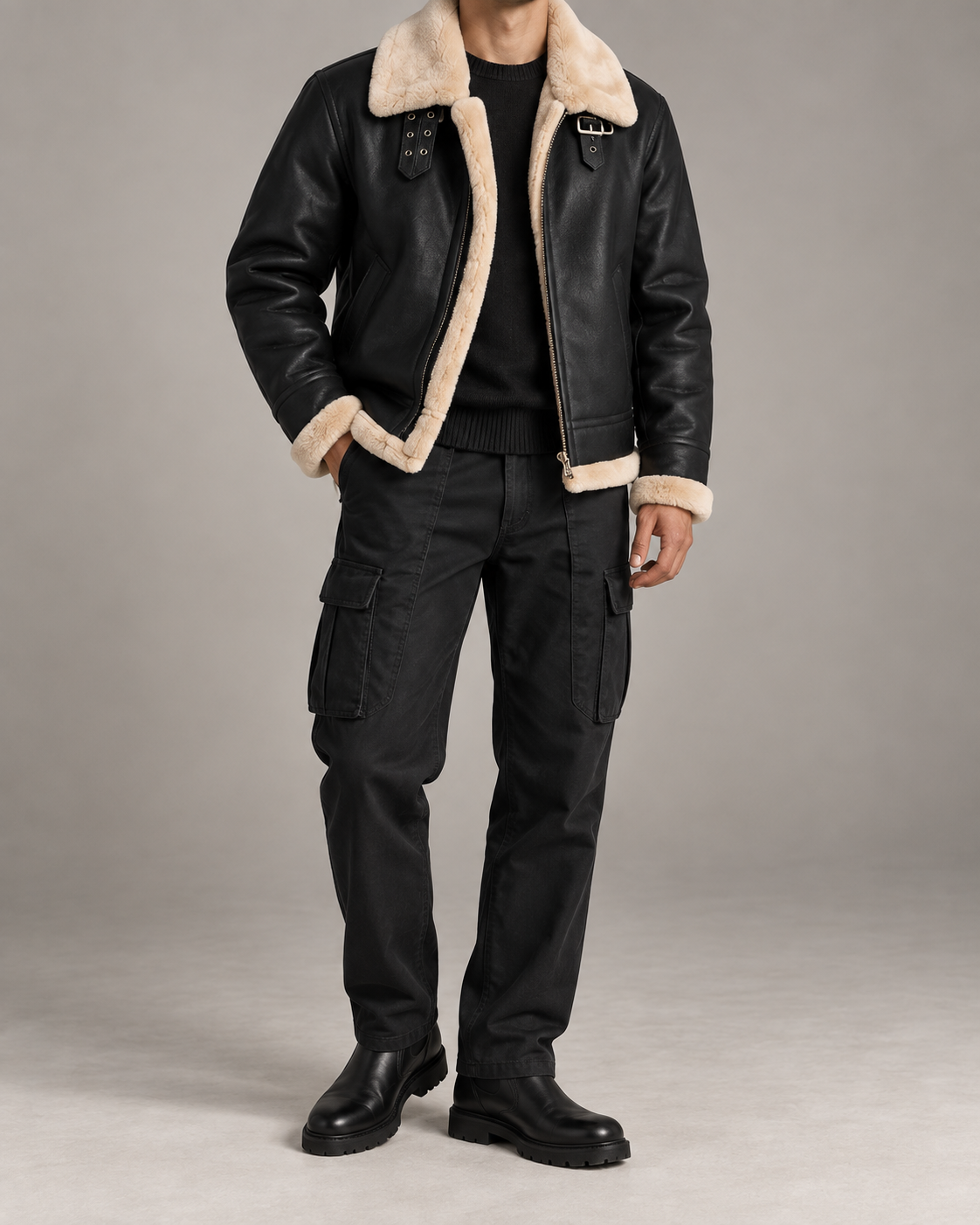 Chaqueta Aviador Borreguito Hombre negro - vista frontal