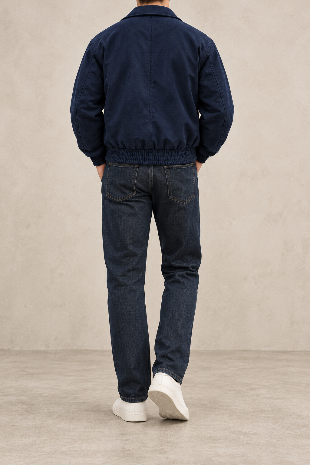 Chaqueta bomber de ante azul media noche, vista trasera
