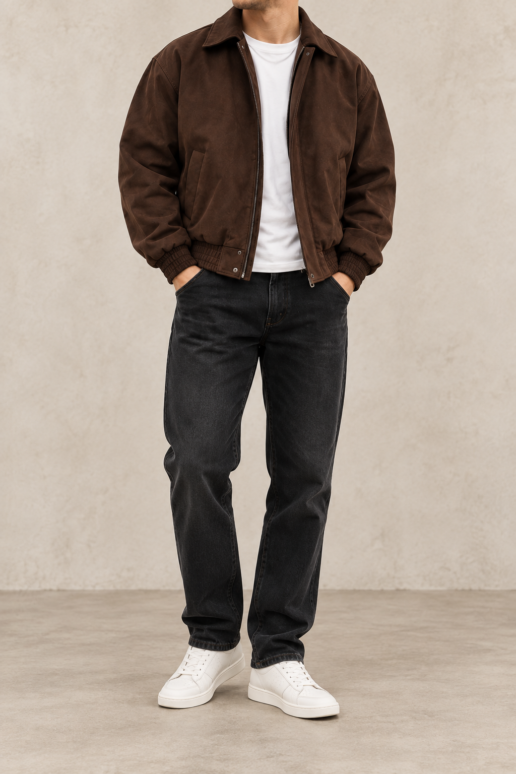 Chaqueta bomber de ante marrón chocolate, vista frontal