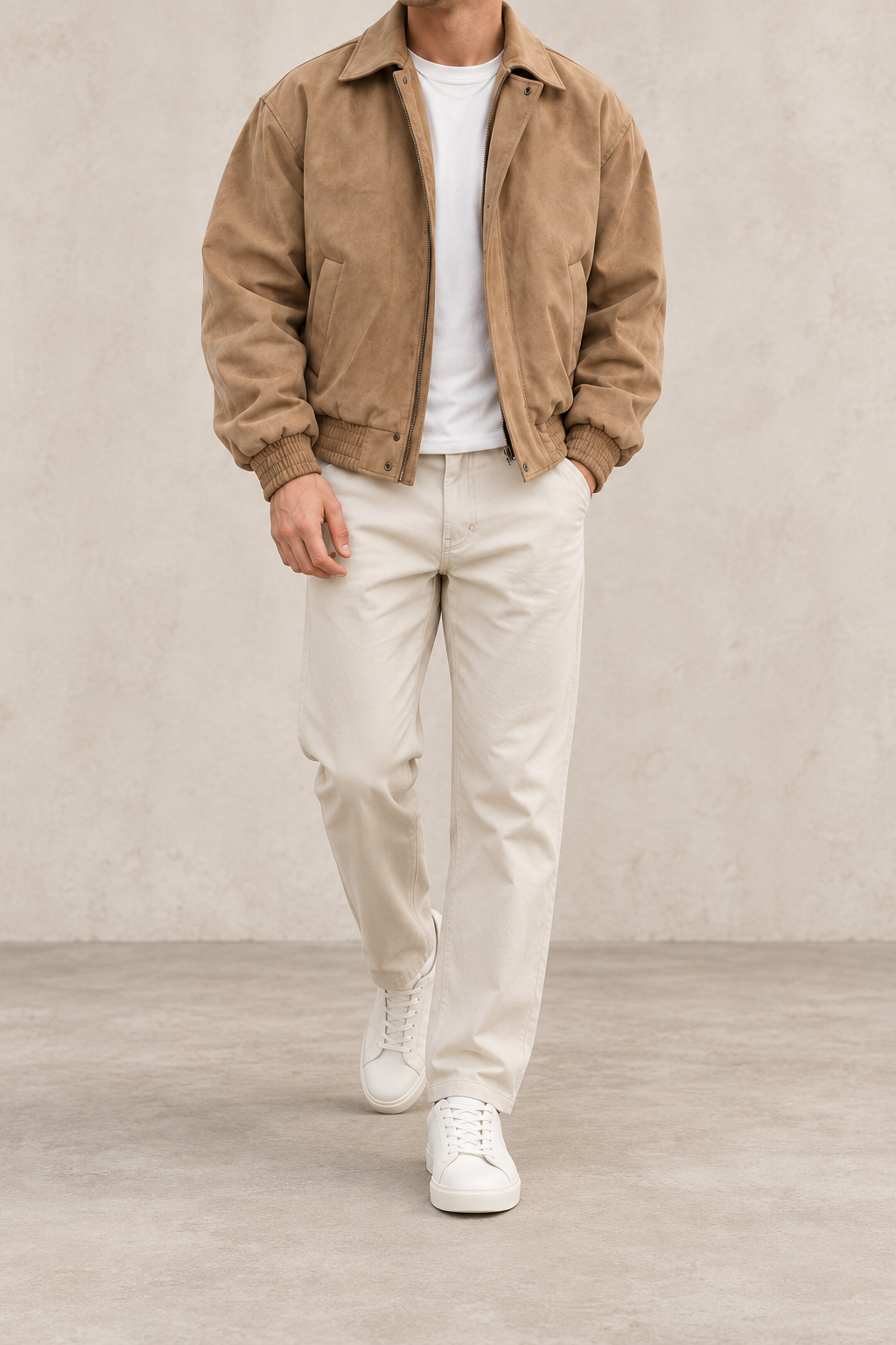 Chaqueta bomber de ante marrón desierto, vista frontal
