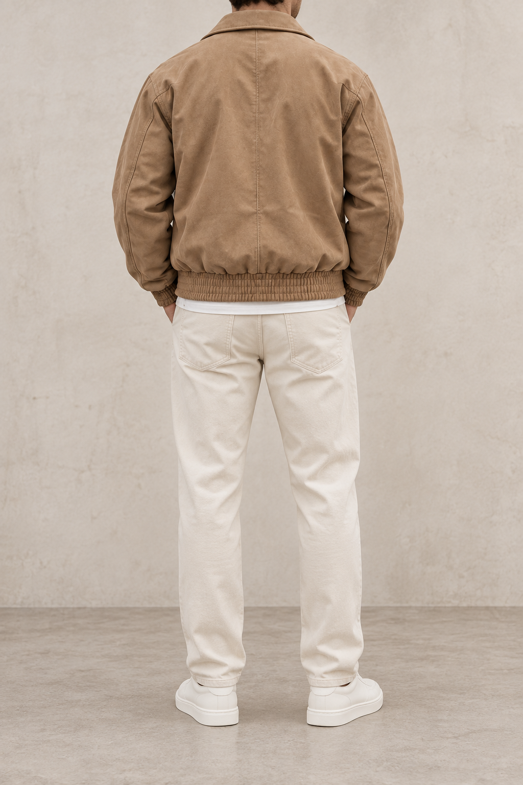 Chaqueta bomber de ante marrón desierto, vista trasera