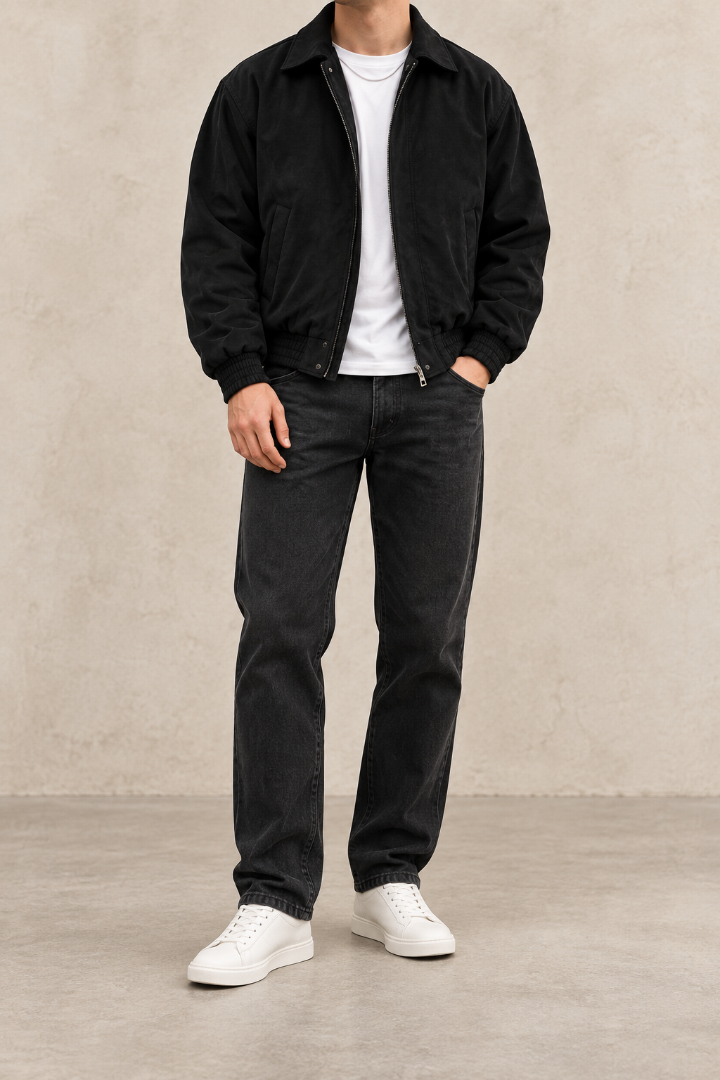 Chaqueta bomber de ante negra, vista frontal