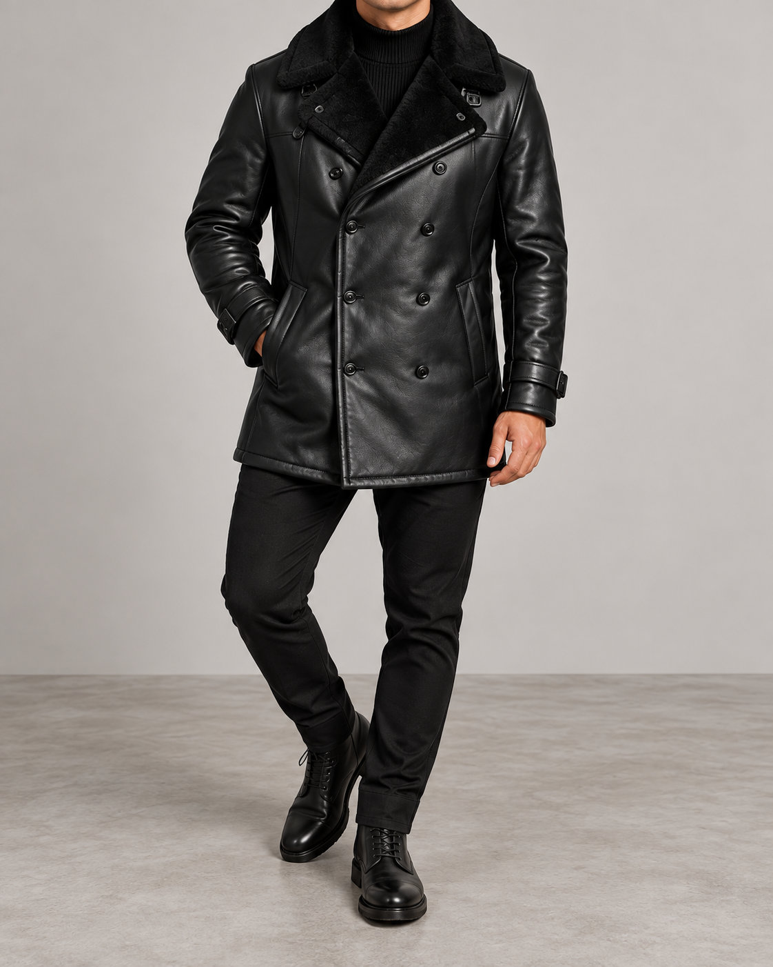 Chaqueta Cuero Doble Botonadura Hombre negro - vista frontal