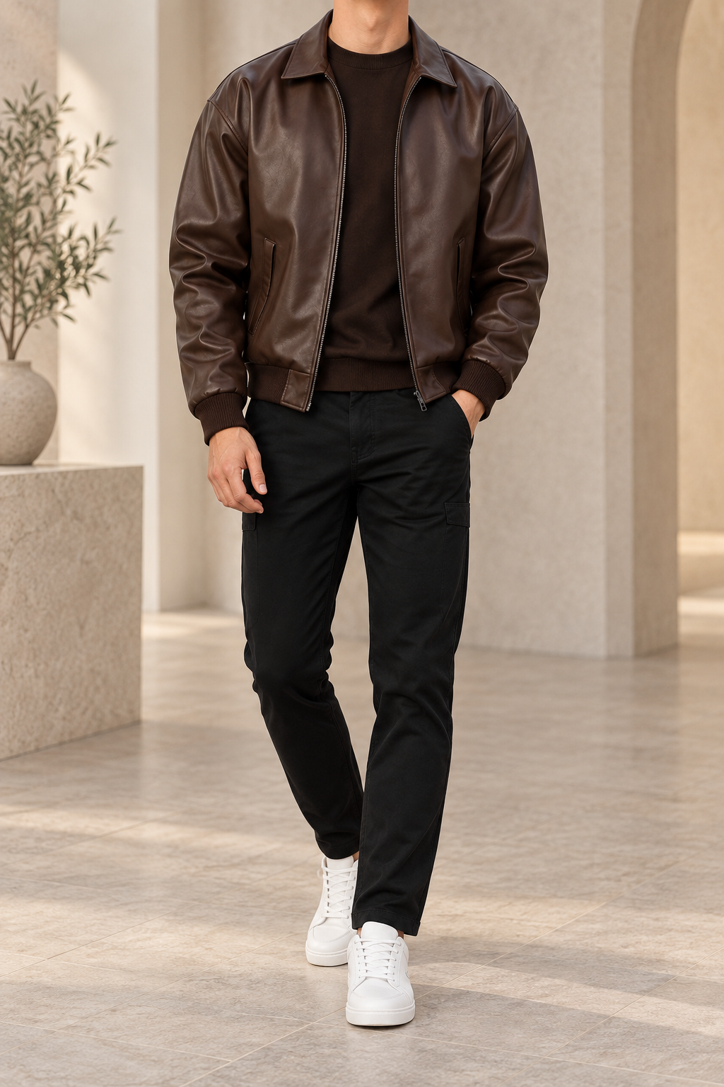 Chaqueta casual de hombre efecto piel marrón chocolate frontal
