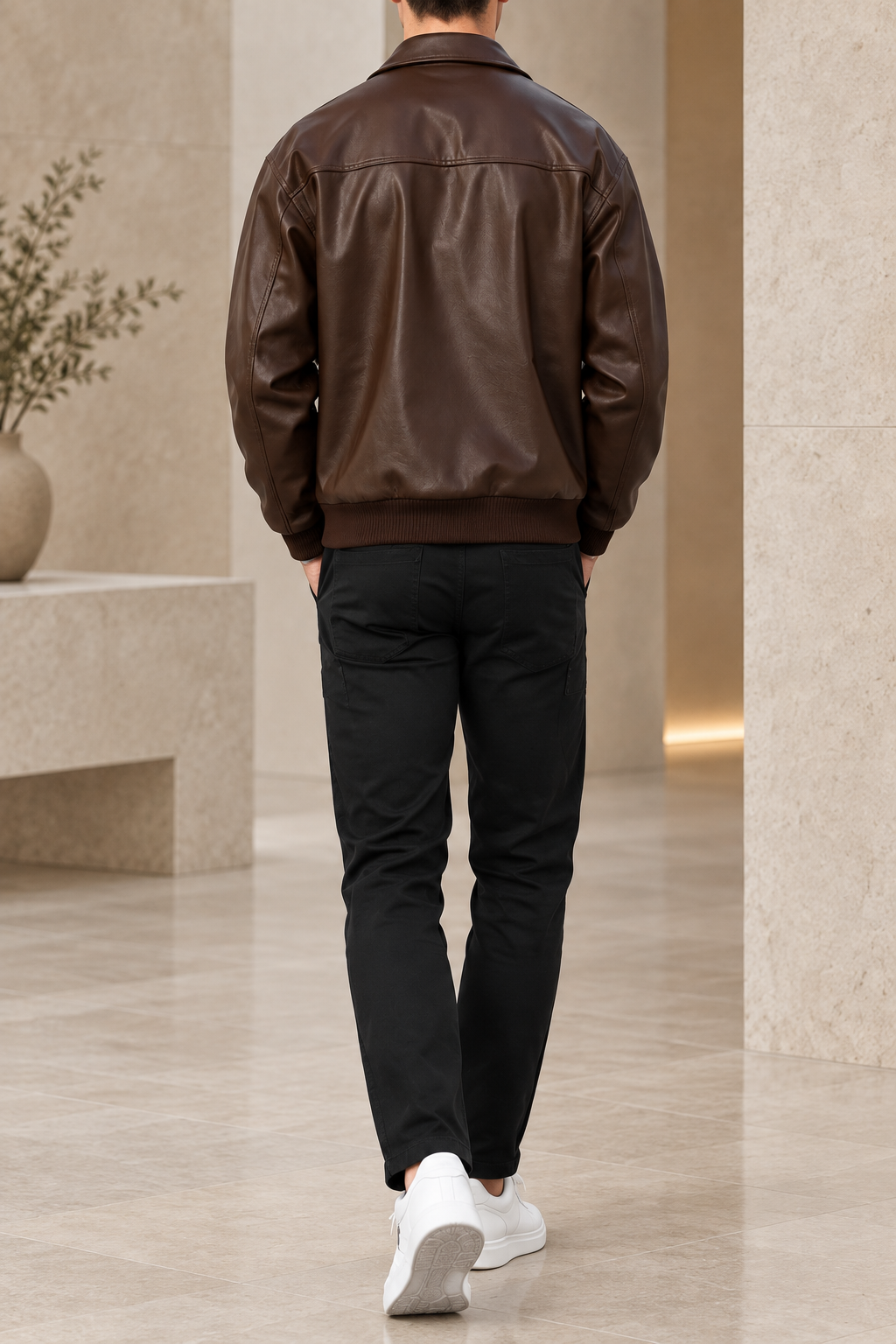 Chaqueta casual de hombre efecto piel marrón chocolate trasera