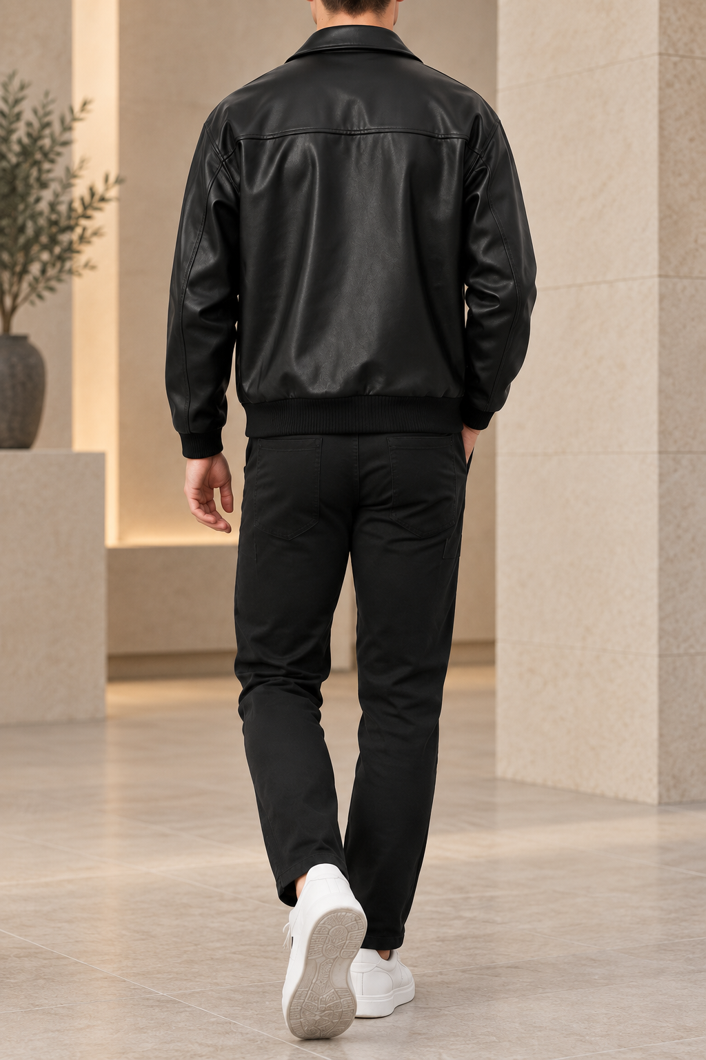 Chaqueta casual de hombre efecto piel negra trasera
