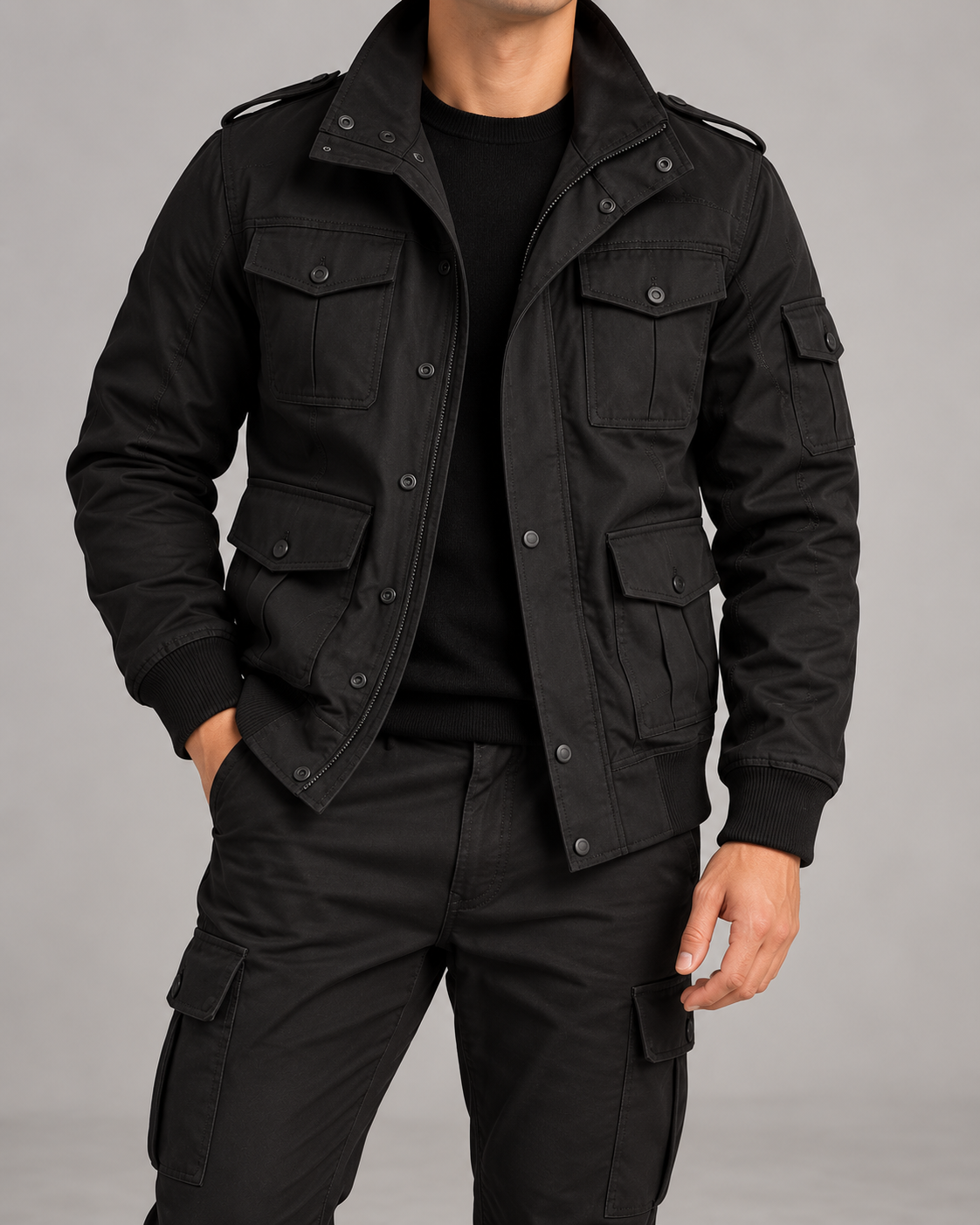 Chaqueta Militar Multibolsillos Hombre negro frontal
