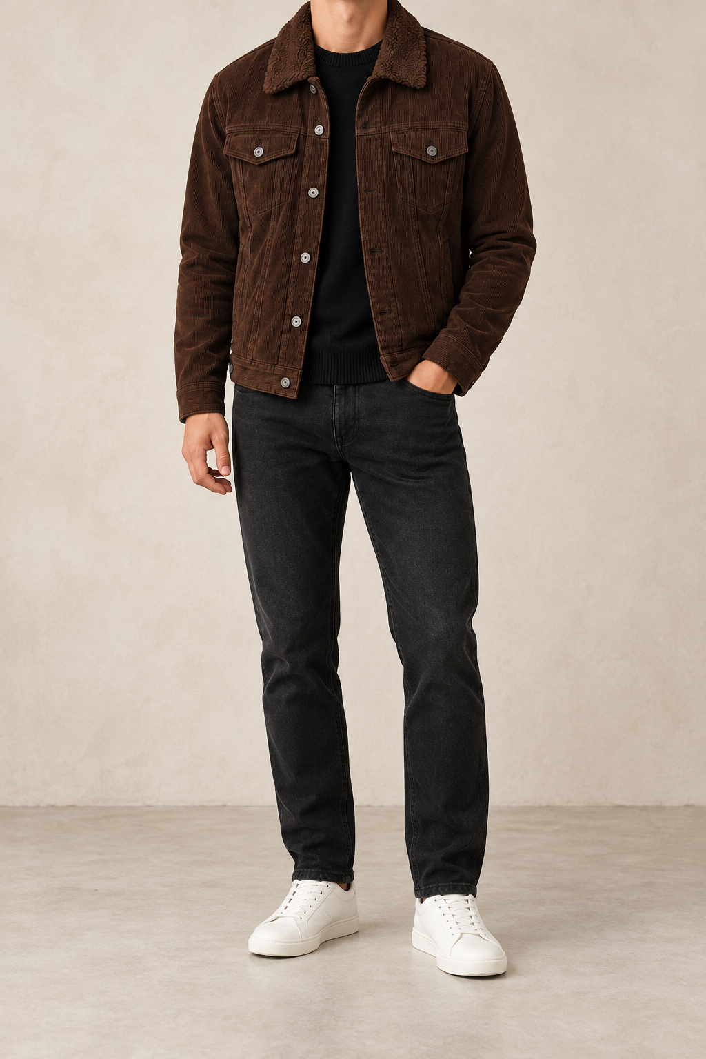 Chaqueta de pana con cuello de borrego marrón chocolate, vista frontal