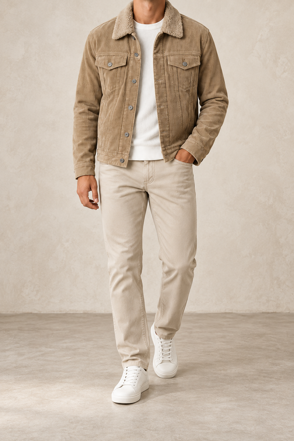 Chaqueta de pana con cuello de borrego marrón desierto, vista frontal