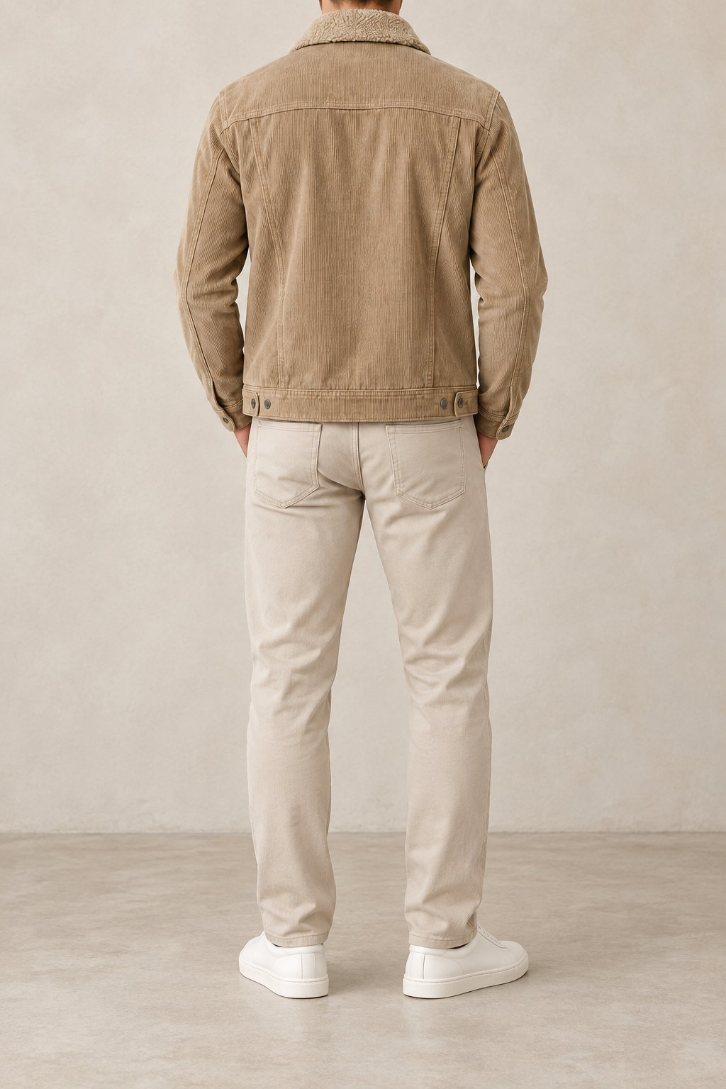 Chaqueta de pana con cuello de borrego marrón desierto, vista trasera