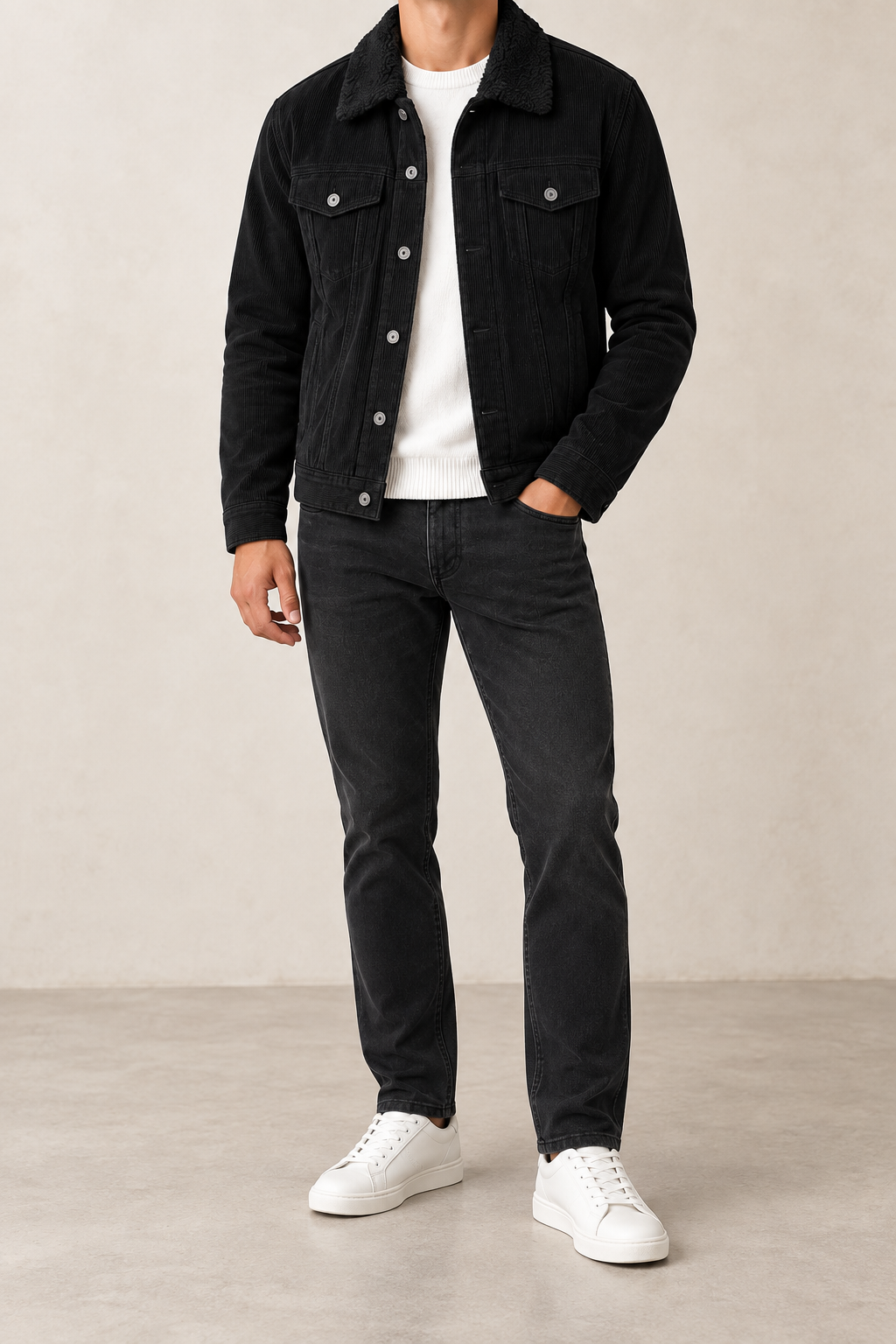 Chaqueta de pana con cuello de borrego negra, vista frontal