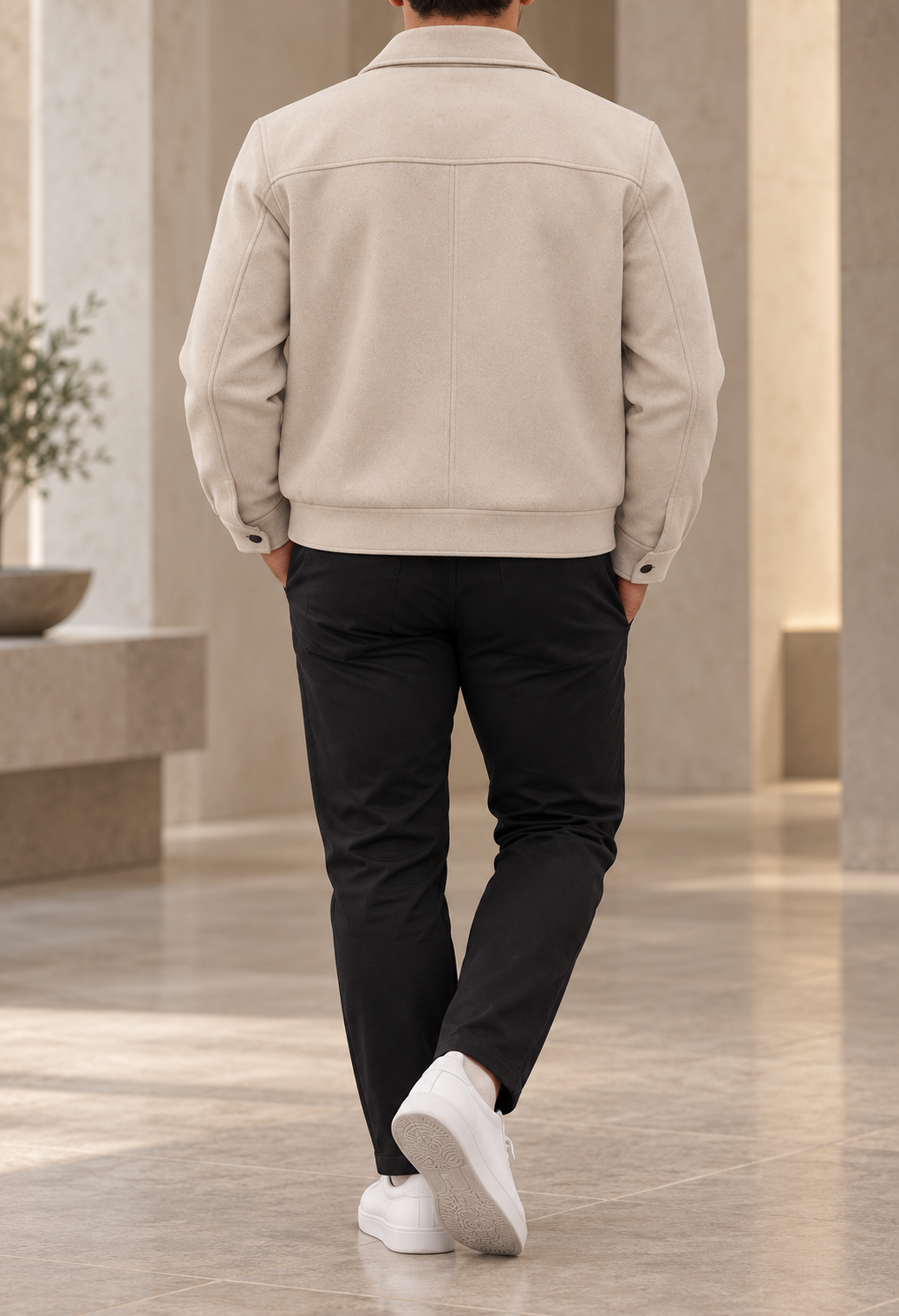 Chaqueta de paño para hombre beige trasera